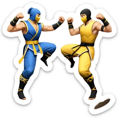 An icon showing two fighters in combat poses, inspired by Mortal Kombat. One character delivers a powerful kick, while the other blocks. The background features an iconic arena from the game with life bars at the top, symbolizing intense battles. Transparent background. sticker