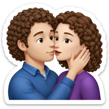 A couple kissing, the man would be white-skinned, short-curly, brown-haired. The serious woman with white skin, long hair and brown color sticker
