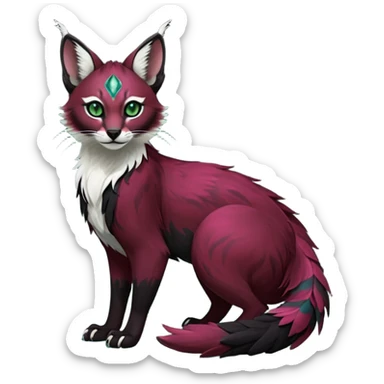 Colorful dark tropical feathery tribal dark burgundy wine-red obsidian-black jade-green white glorious iridescent divine exotic cute cool beautiful beautiful fantasy-caracal-civet-genet-sergal-vernid-Gryphon-Cacomistle-Trico-oncilla-animal-Fakémon-hybrid-fursona (full body) sticker
