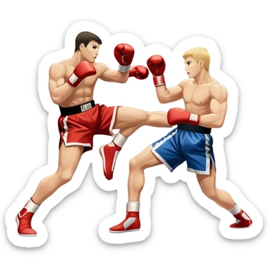 An icon symbolizing kickboxing, featuring two fighters in the ring. One throws a powerful high kick, while the other counters with a punch. The background shows a boxing ring with ropes and a crowd in the distance. Transparent background emphasizes the dynamic energy sticker