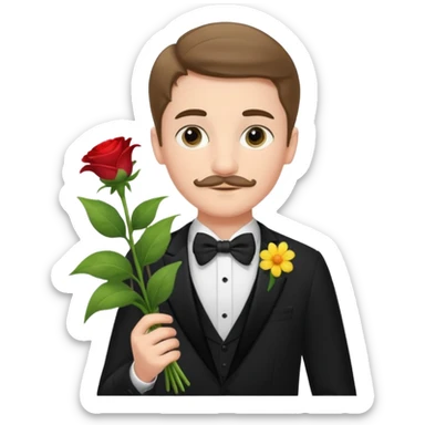 generate an ios genmoji of a 20 year old fair boy with very few and faint mustache hair. should look like he cant grow a mustache., carrying a flower bouquet, wearing a tux sticker