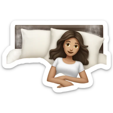 white girl with long dark brown hair laying in a bed with beige comforter sticker