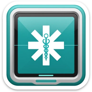 Emoji-style icon of a medical cross inside a scan frame with data lines, symbolizing AI disease detection. Simple emoji design, teal and white theme, no text, transparent background. sticker