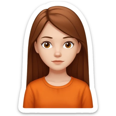 white girl with long straight hair and orange blouse not smiling sticker