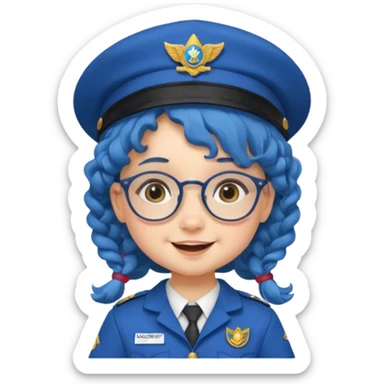 scout girl baby with uniform including the hat,  little with glassess and long curly blue hair sticker