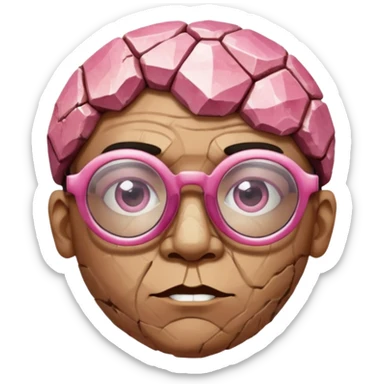 A single pinkfaceted rock head, chunky and worn, with very visible big cracks and chipped facets but still shiny, big glasses sticker