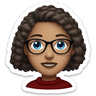 light skin, dark brown hair, blue eyes, long straight hair, girl wearing aesthetic dark red sweater, glasses, light colored lips sticker