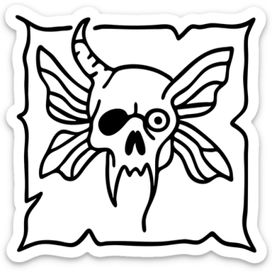 deeply disturbing minimal red horror line art of grotesque minotaur-stoat hybrid skull with aggressively fractured horn and demonic eye, unnatural twisted moth wings, mostly empty middle with nightmarish thin outline frame, intensely unsettling with sparse but horrifying details, frame jagged and broken in threatening manner, pure horror, 100% red sticker