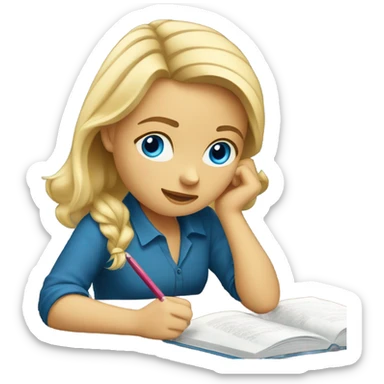 blond girl blue eyes studying on a table sticker