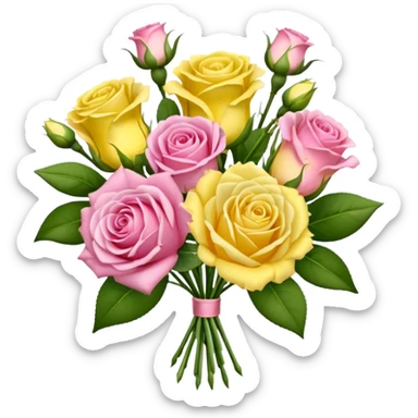 A mixed bouquet of four flowers, featuring pink roses and yellow lisianthus. sticker