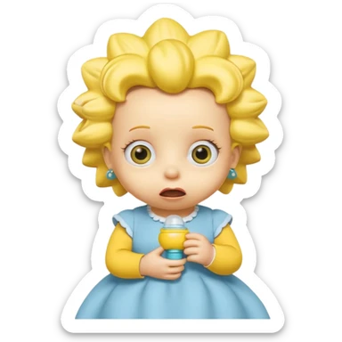 A 3D cartoon baby character fully yellow skin, styled like Maggie Simpson, with pacifier, big eyes, smooth shading, Memoji-style rendering, consistent with other yellow Simpsons characters. sticker