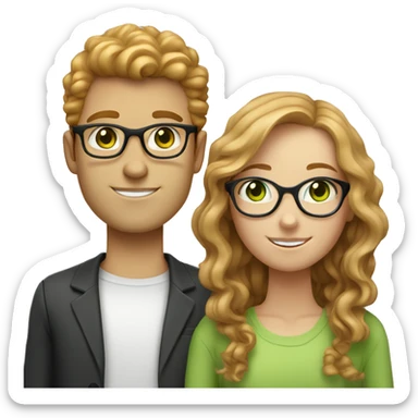 white ginger girl with straight hair and green eyes is with a tan brunette boy that has curly hair green eyes and glasses sticker