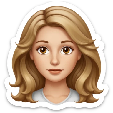long dark Blond with highlights wavy hair white women, oval shape face hazel eyes long lashes little bit of freckles on the nose high cheek bones sticker