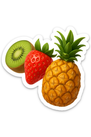 emoji stile iphone 3d di kiwi, fragole, ananas
 che fluttuano in aria, iperealistico 4k sticker