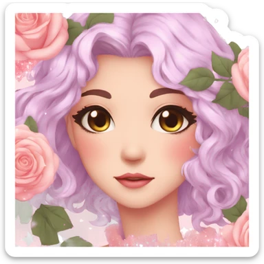 Gorgeous pastel anime style lady with blushing face and roses leaves glitter sparkle aesthetic trending style sticker