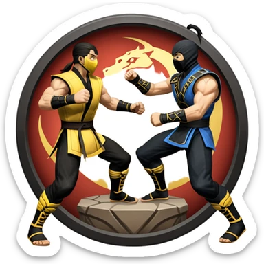 An icon showing two fighters in combat poses, inspired by Mortal Kombat. One character delivers a powerful kick, while the other blocks. The background features an iconic arena from the game with life bars at the top, symbolizing intense battles. Transparent background. sticker