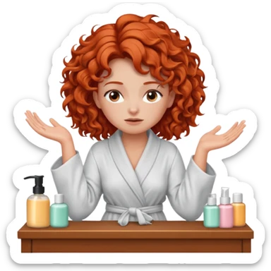 Cartoon emoji of a girl with voluminous curly red hair, fair skin, warm brown eyes. Wearing a chic milky silk robe with long sleeves, no makeup. Sitting at a vanity full of skincare products, holding her head with both hands, unsure which to choose. Smooth, simple, stylized." sticker