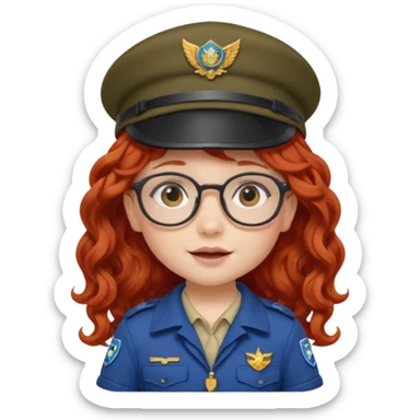 scout girl baby with uniform including the hat,  little with glassess and long curly red hair sticker