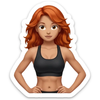 Athletic girl with long light red wavy hair and smaller boobs bigger arms. middle part and black sports bra, long hair, show stomach sticker