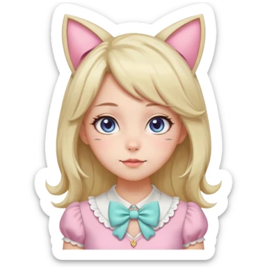Gorgeous pastel anime style lady with blushing cheeks, cat ears, long beautiful Lucious stylish hair, big pretty eyes, cute colorful pastel dress and skirt and bow ties, and necklace sticker