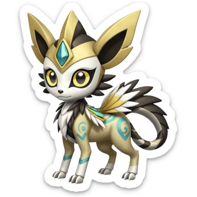 Arrow-patterned chevron-marked Cute Big-eyed anime-styled Colorful Shiny Tribal Skeletal masked armored Meloetta-Silvally-Solgaleo-Raikou-Pokémon-Digimon-Fakémon-fusion-hybrid-creature, full body sticker