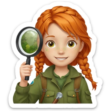 braid orange haired girl kid in moss green explorer outfit, holding magnifying glass, smile sticker