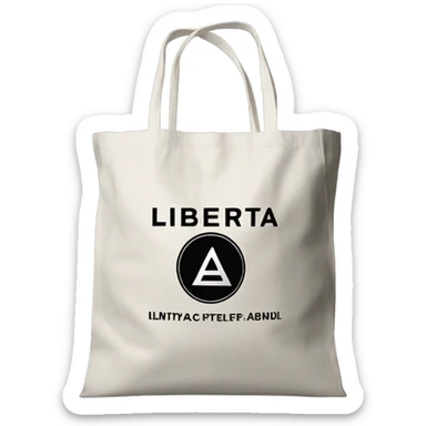eco-friendly bag of gray color with black inscription liberta with a fabric wheel inside sticker