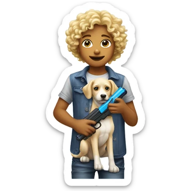 Make a blonde kid with curly hair holding a water gun at a dog sticker