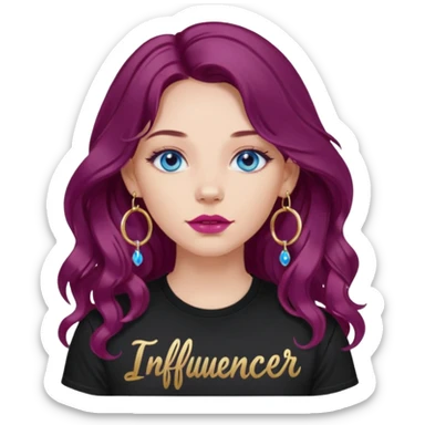 Girl with burgundy purple  wavy long hair  blue eyes  wearing a black tshirt "influencer " in pink lettering font, large gold hoop earrings & lip piercing
 sticker
