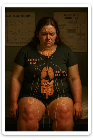 cinematic realistic in italiano Woman with PCOS struggling with hormonal chaos, transparent overlay showing elevated androgens and insulin resistance affecting her body, lipedema causing disproportionate fat accumulation in legs and arms despite normal torso, expression of frustration with unexplained weight gain, medical charts showing complex endocrine dysfunction, painful swollen limbs contrasting with metabolic confusion sticker