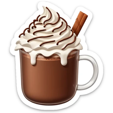 “hot chocolate emoji, whipped cream on top, chocolate shavings, cute, minimal, white background” sticker