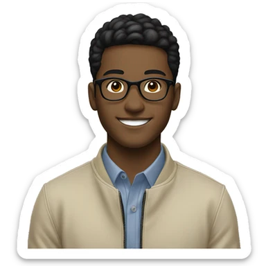 20-year-old young man, smiling, with beige jacket, circular glasses, short black hair sticker