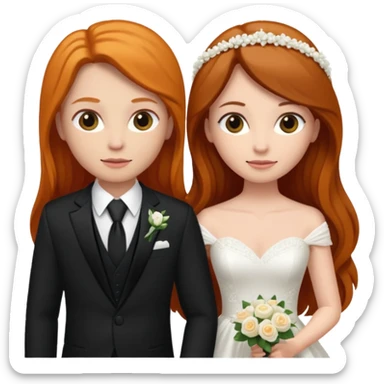 two girls getting married. one ginger with long hair in a BLACK SUIT. one dark haired brunette in a WEDDING dress sticker