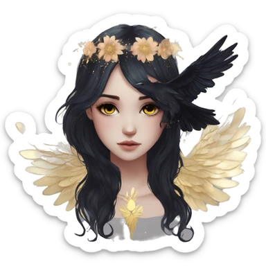 Black Raven wings bohemian Ethereal galaxy constellation girl angel raven wings black wings, gold arrow, nebula, flower crown sticker
