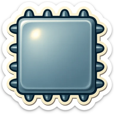 head-on view of a metal slab with many short, fat spikes evenly spaced along each visible side edge, no spikes on the corners, large blank front face, retro sticker style sticker