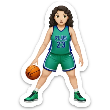 full body plus size light skin latino women basketball player with wavy dark hair large widenose wearing blue and green uniform sticker
