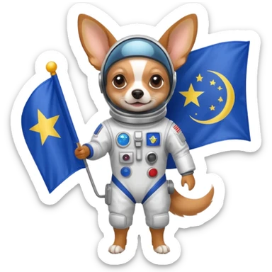 a chihuahua in space suit, holding blue rectangle flag, full body, front view sticker