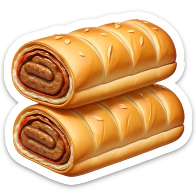 cinematic-realistic-sausage-roll-dish-emoji,-depicted-with-a-crisp,-golden-pastry-wrapped-around-flavorful-sausage,-rendered-with-detailed-textures-wrapped ina. plastic wrapper unrapped - and-appetizing-lighting sticker
