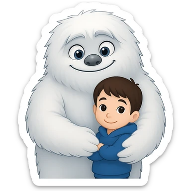Make the kid much smaller while being hugged by the Abominable Snowman, keep the background transparent. The style should resemble the original image's look and feel. sticker