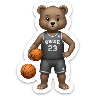 Bear with full body and wearing basketball black and gray jersey that says RWE  sticker