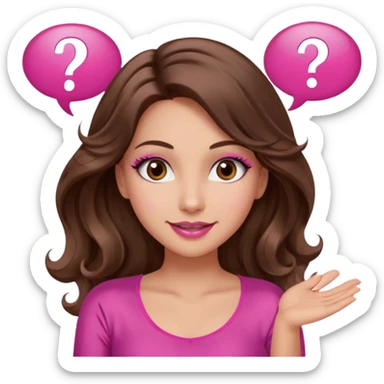 girl with long wavy brown hair, brown eyes, long lashes makeup, sexy pink lips, light to medium complexion, wearing a pink sexy top, shugging, smiling, question mark one speech bubble sticker