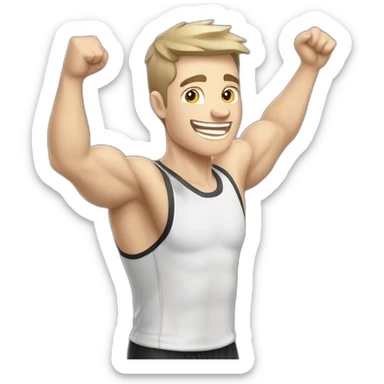 Joyful Celebrating victory Pale skinned Fit Man With the biceps and dark brown hair in black shirt, gray sports shorts and white Sneakers sticker