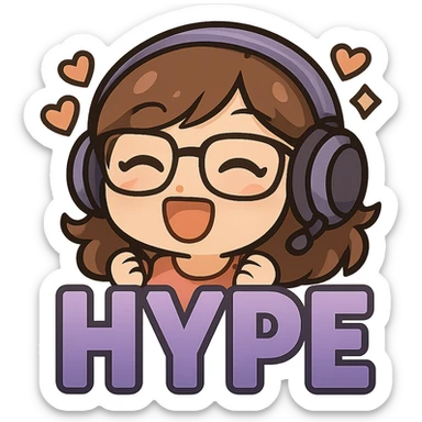 Resize the image to 112 by 112 pixels, keeping all details sharp and clear. Maintain the chibi style with purple gradient HYPE letters, cute details, purple headset, and glasses. Transparent background. sticker