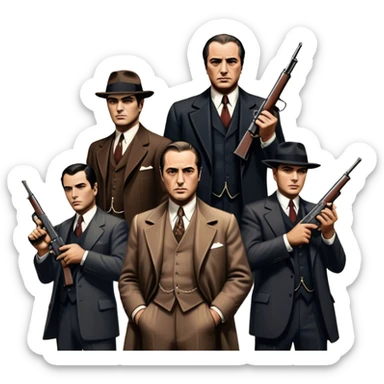 Vintage noir poster with Don Corleone surrounded by gangsters holding Thompson submachine guns. Background features New York skyscrapers, adding to the gritty, classic gangster film feel.  Dark and moody atmosphere with shadows, suits, and a mysterious vibe. Transparent background. sticker