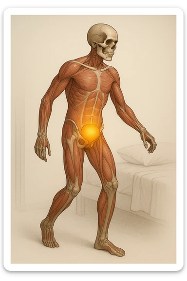 CORPO UMANO ANATOMICO CHE SI SVEGLIA LA NOTTE PER SVUOTARE LA VESCICA, VESCICA ANATOMICA IN EVIDENZA, SFONDO CHIARO NEUTRO sticker