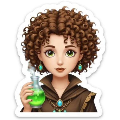 moon punk druid woman short tight curly brown hair glowing potion sticker