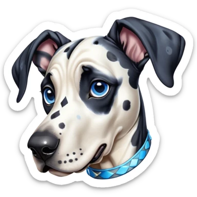 Cinematic Cute Harlequin Great Dane Portrait Emoji, Head tilted playfully and inquisitively, featuring a glossy coat of predominantly white with dynamic black patches, round, sparkling blue eyes filled with gentle curiosity, Simplified yet irresistibly adorable features, highly detailed, glowing with a warm, friendly glow, high shine, affectionate and gentle, stylized with a touch of whimsy, bright and endearing, soft glowing outline, capturing the essence of a mischievous yet loving pup, so playful it feels like it could lumber out of the screen and into your arms! sticker