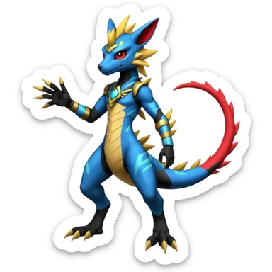Modern anthropomorphic furry futuristic shiny colorful Zeraora-Salandit-Guilmon-fusion (full body) sticker