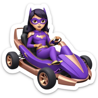 Hot full size real-appearance racing action BatGirl’s Lego feminine midnight-purple tight outfit sixty’s tv show 1992 stealthy retro sporty petite off-road pursuit hovering hover cruiser car rose gold accents (black hair,reclined and relaxed seating position and attitude) go kart  sticker