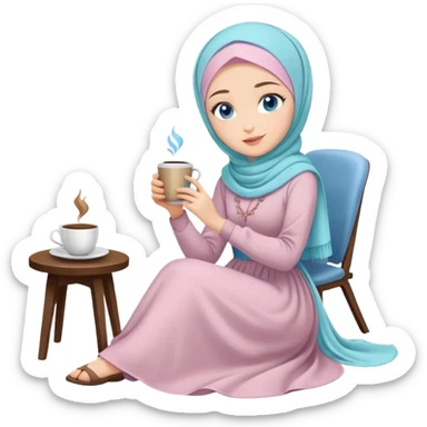 Turkish beautiful finish Konya girl blue eyes with pastel hijab long tail dress and sits on the chair on the ground and holds cup coffe with her hand  sticker